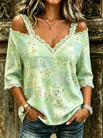 Women's Patchwork Floral Print Cotton Lace Trim Off-Shoulder Blouse