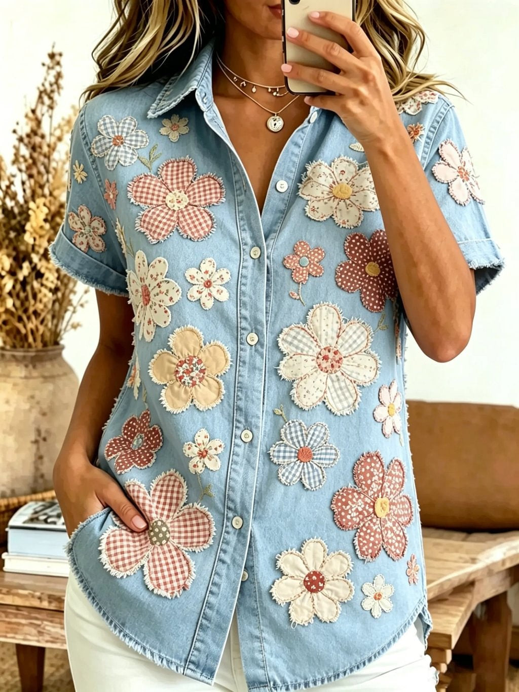 Women's Floral Patchwork Print Cotton Short Sleeve Button-Down Shirt