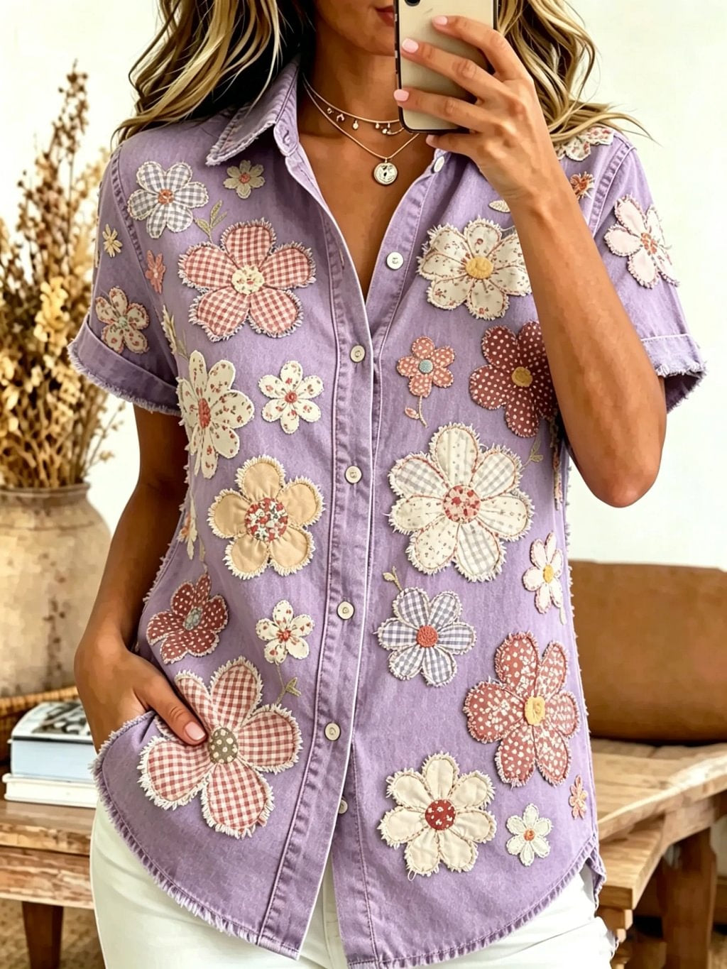 Women's Floral Patchwork Print Cotton Short Sleeve Button-Down Shirt