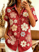 Women's Floral Patchwork Print Cotton Short Sleeve Button-Down Shirt