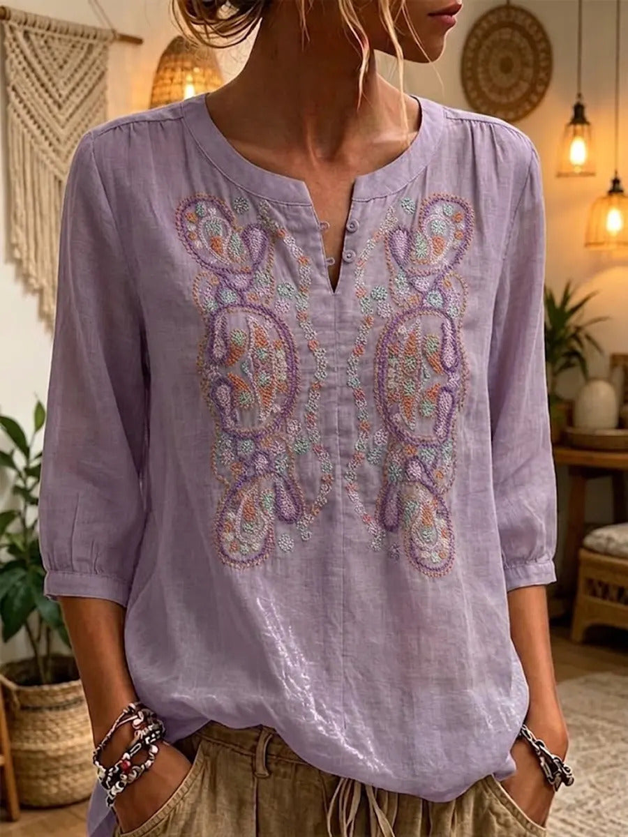 Women's Retro Paisley Round-neck Embroidered Cotton Shirt