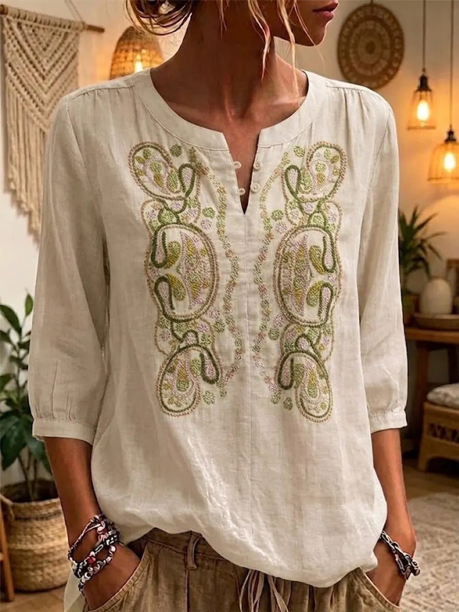 Women's Retro Paisley Round-neck Embroidered Cotton Shirt