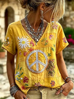 Women's Hippie Peace Sign Floral Patchwork Embroidered V-Neck Short Sleeve T-Shirt
