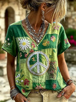 Women's Hippie Peace Sign Floral Patchwork Embroidered V-Neck Short Sleeve T-Shirt
