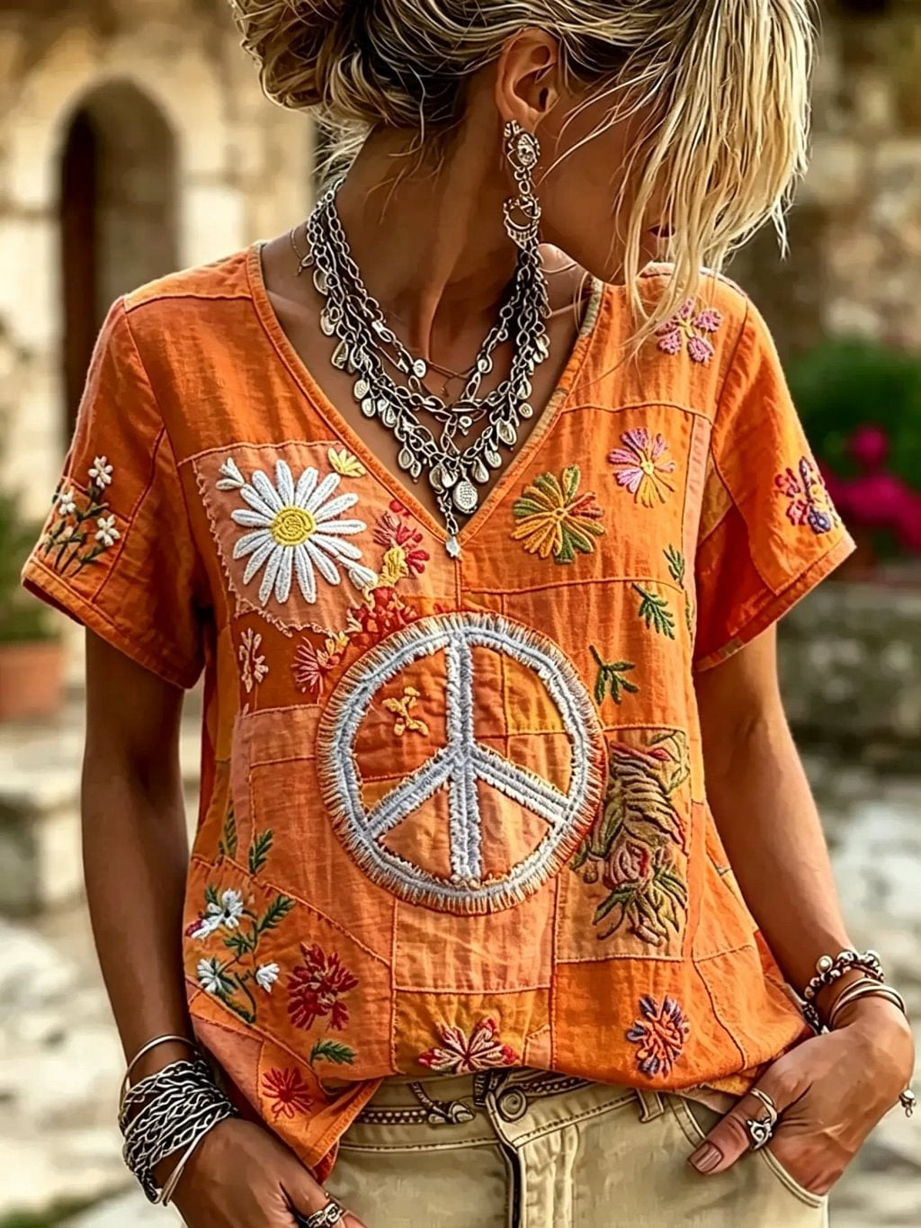 Women's Hippie Peace Sign Floral Patchwork Embroidered V-Neck Short Sleeve T-Shirt