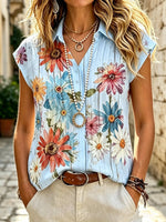 Women's Retro Ethnic Floral Art Print Casual Short Sleeve Cotton Linen Shirt