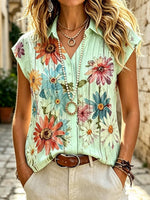 Women's Retro Ethnic Floral Art Print Casual Short Sleeve Cotton Linen Shirt