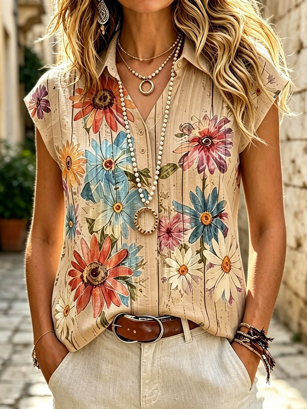 Women's Retro Ethnic Floral Art Print Casual Short Sleeve Cotton Linen Shirt