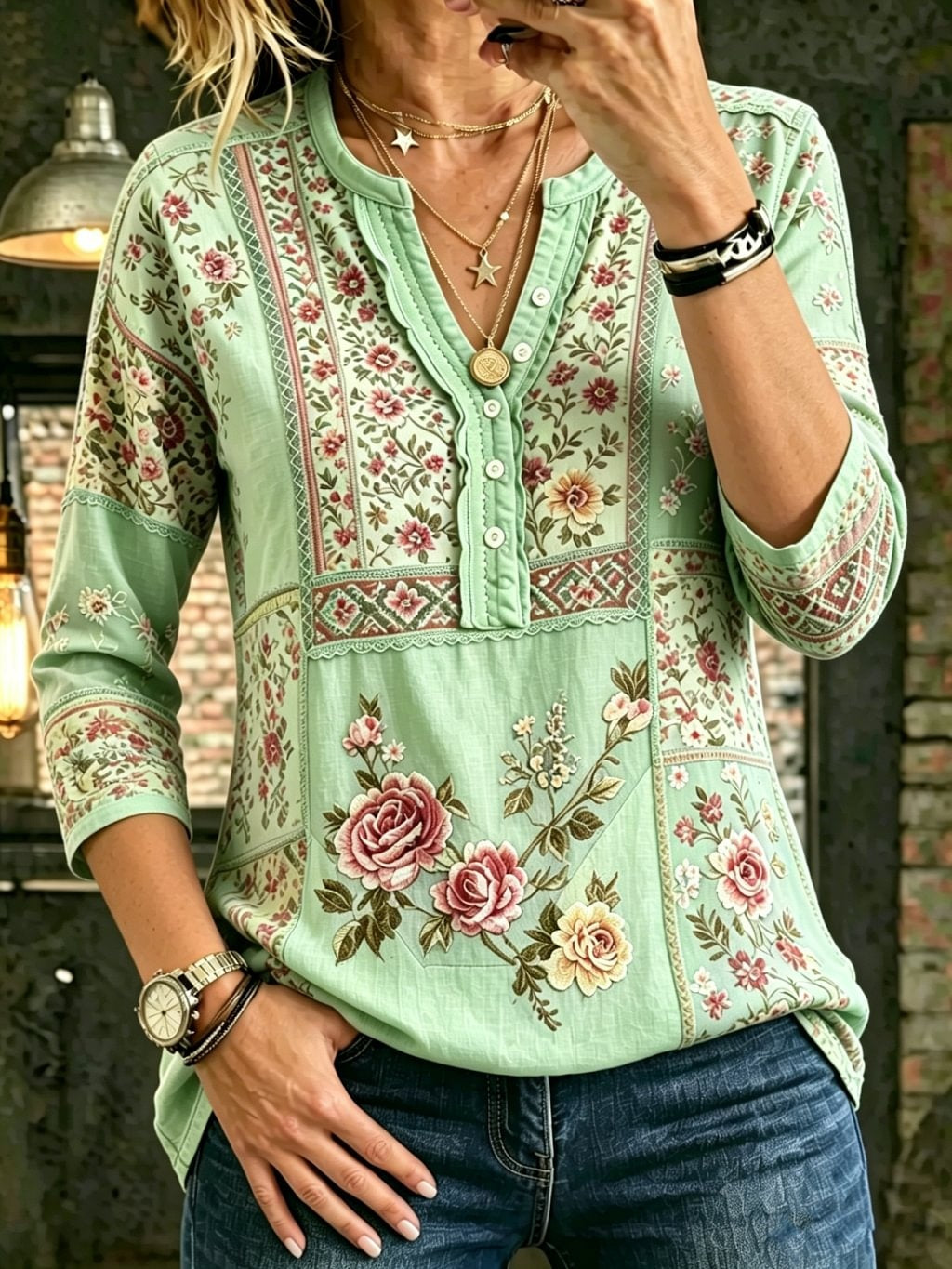 Women's Bohemian Floral Art Print Casual Three-quarter Sleeve Cotton Shirt
