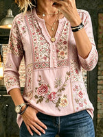 Women's Bohemian Floral Art Print Casual Three-quarter Sleeve Cotton Shirt