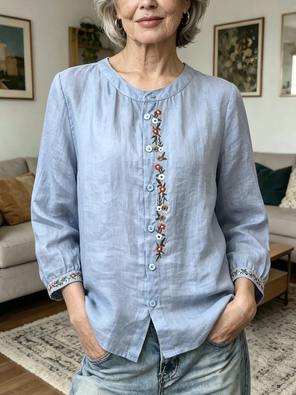 Women's Round-Neck Embroidered Casual Cotton-Linen Shirt