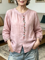 Women's Round-Neck Embroidered Casual Cotton-Linen Shirt