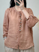 Women's Round-Neck Embroidered Casual Cotton-Linen Shirt