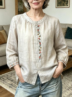 Women's Round-Neck Embroidered Casual Cotton-Linen Shirt