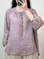 Women's Round-Neck Embroidered Casual Cotton-Linen Shirt