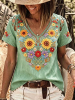 Women's Retro Floral Art Print Casual Short-sleeve V-neck Hollow-out Denim Shirt