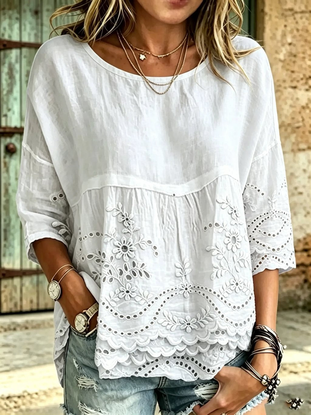Women's Floral Print Round Neck 3/4 Sleeve Blouse