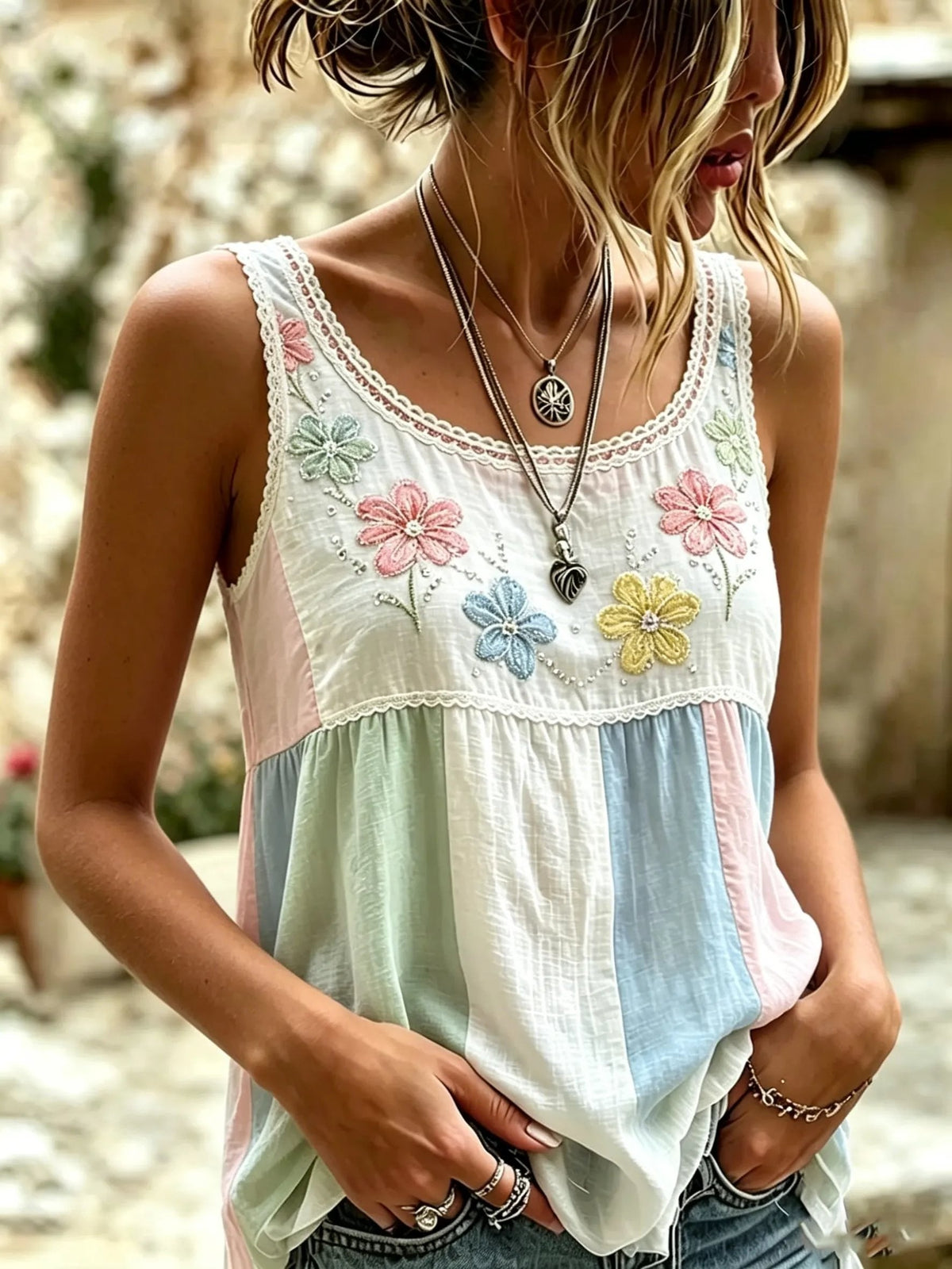 Women's Floral Lace Patchwork Print Cotton Tank Top
