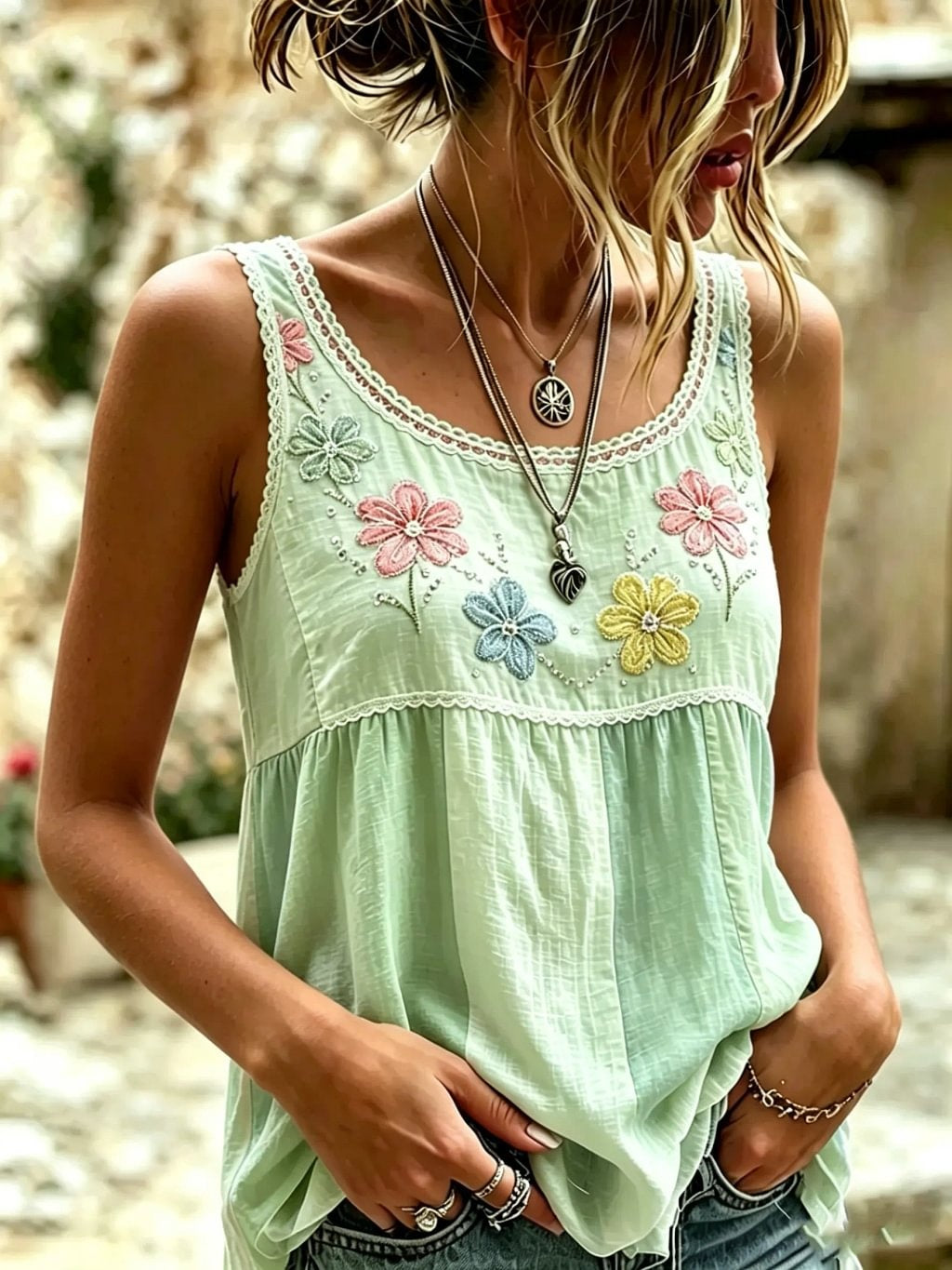 Women's Floral Lace Patchwork Print Cotton Tank Top