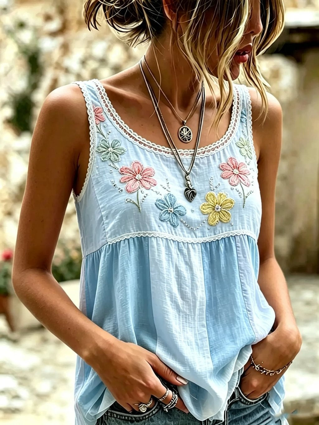 Women's Floral Lace Patchwork Print Cotton Tank Top