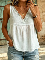 Women's Lace Trim Cotton V Neck Peplum Sleeveless Tank