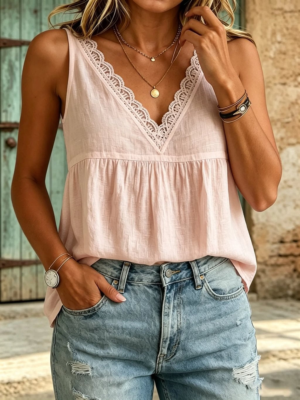 Women's Lace Trim Cotton V Neck Peplum Sleeveless Tank