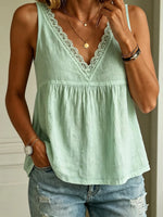 Women's Lace Trim Cotton V Neck Peplum Sleeveless Tank