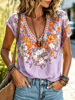 Women's Vintage Floral Print Cotton V-Neck Short Sleeve Top