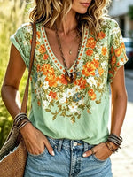 Women's Vintage Floral Print Cotton V-Neck Short Sleeve Top