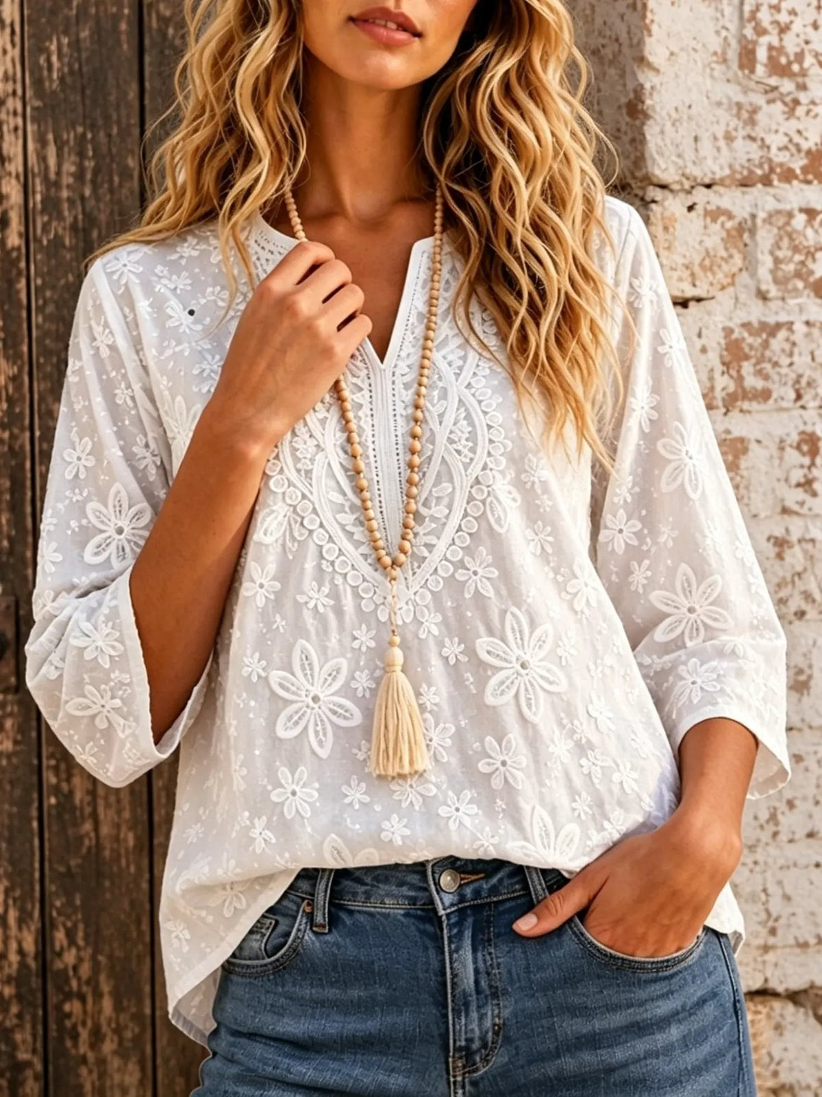 Women's Casual Loose-fit V-neck Top With Embroidery And Lace