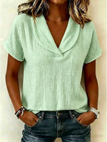 Women's Solid Plain Cotton Lapel Short Sleeve Blouse