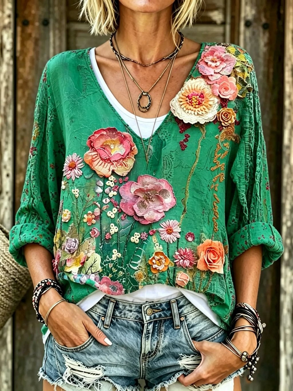 Women's Floral Print V-Neck 3/4 Sleeve Blouse