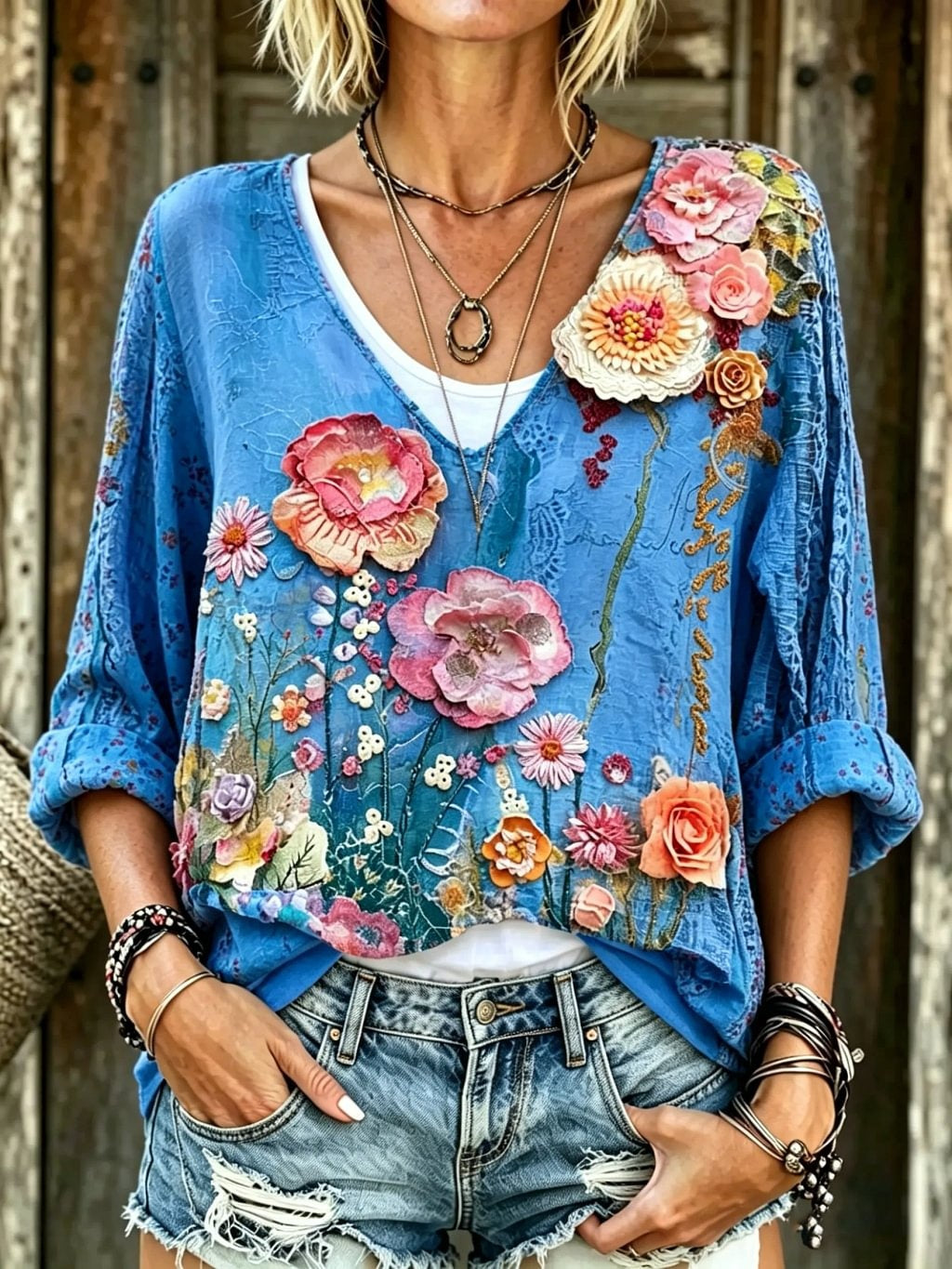 Women's Floral Print V-Neck 3/4 Sleeve Blouse