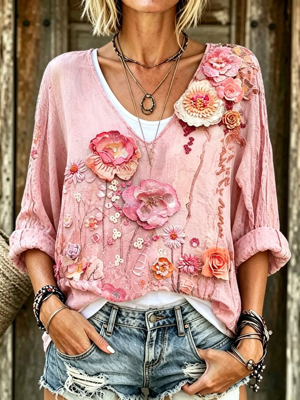 Women's Floral Print V-Neck 3/4 Sleeve Blouse