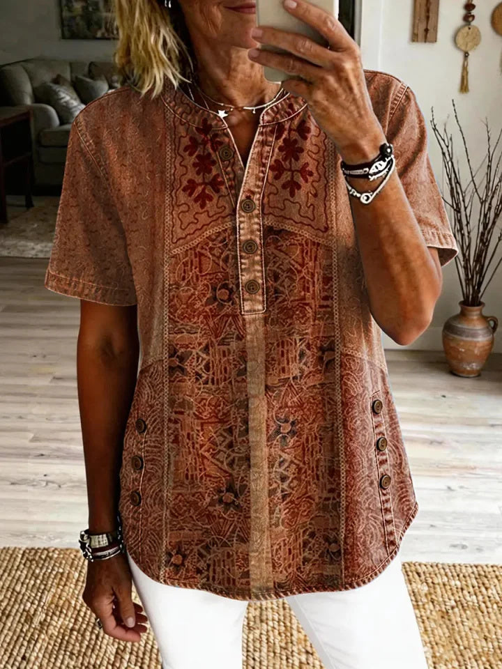 Women's Vintage Ethnic Pattern Art Print Casual Short-sleeve Washed Cotton Denim Shirt