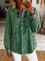 Women's Vintage Ethnic Pattern Art Print Casual Long Sleeve Washed Cotton Denim Shirt