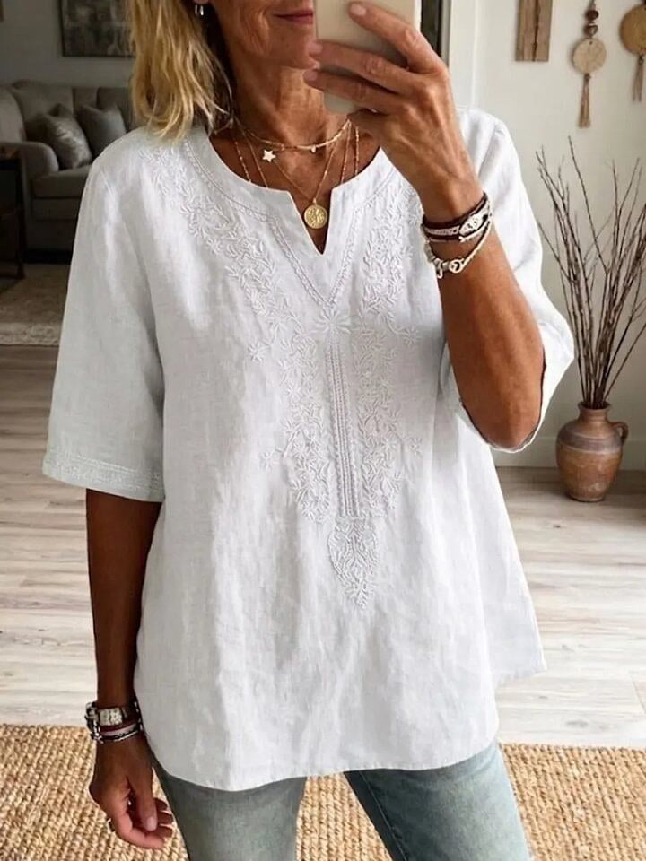Women's Vintage Floral Embroidery V-neck Short-sleeved Cotton Shirt