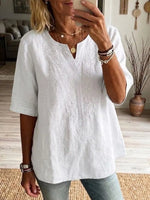 Women's Vintage Floral Embroidery V-neck Short-sleeved Cotton Shirt