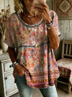 Women's Folk Floral Art Print Round Neck Short Sleeve Hollow-Out Shirt