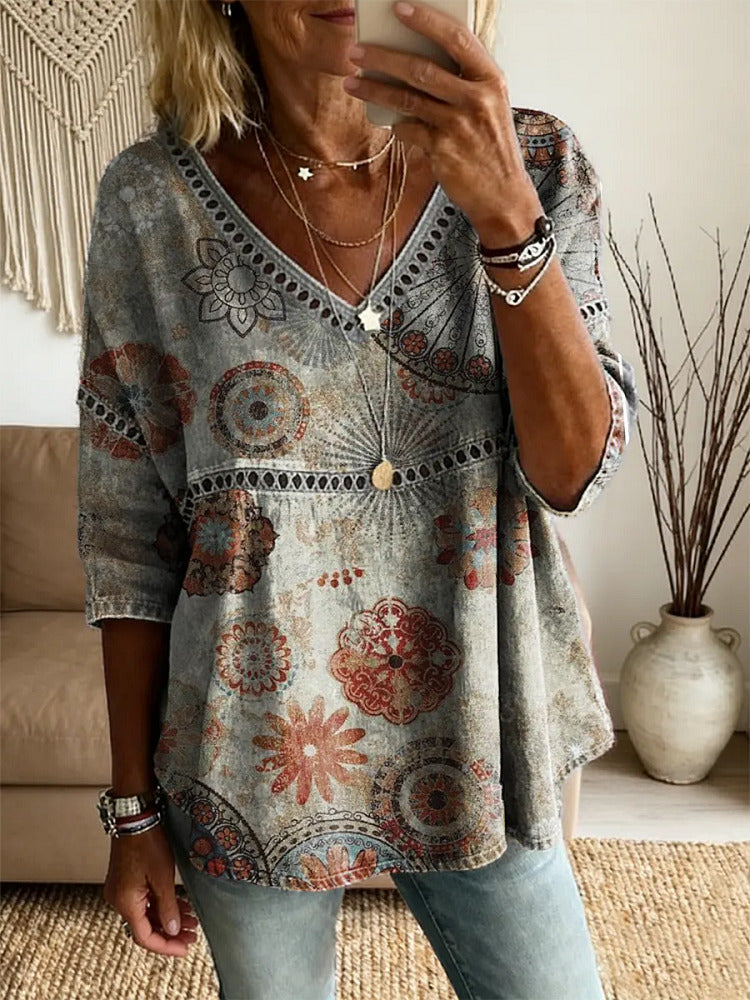 Ethnicity Bohemian Style Totem Women's Vintage Art Print Casual V Neck Cutout Top