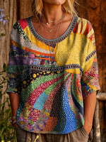 Womens Vintage Ethnic Collage Sun Art Print Casual Round Neck Hollow Top