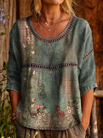 Womens Vintage Ethnic Green Floral Art Prints Casual Round Neck Cutout Top