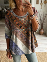 Women's Retro Bohemian Striped Ethnic Floral Art Print Casual Round Neck Hollow Out Top