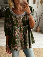 Women's Bohemian Retro Floral Art Print Casual Round Neck Hollow Out Top