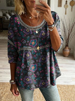 Womens Vintage Ethnic Purple Floral Art Print Round Neck Cutout Cotton Top