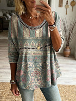 Women's Floral Pattern Art Print Casual Round Neck Lace-up Top