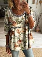 Vintage Ethnicity Bohemia Flowers Women's Art Print Casual Round Neck Cutout Top