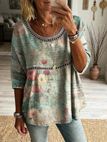 Ethnicity Retro Bohemia Flowers Women's Art Print Casual Round Neck Cutout Top