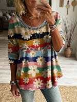Ethnicity Geometry Flowers Colorful Women's Art Print Casual Round Neck Cutout Top