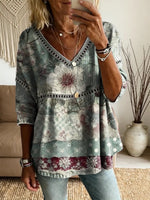 Ethnicity Bohemia Flowers Patchwork Women's Vintage Art Print Casual V Neck Cutout Top